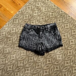 Drop dead Black Acid-Wash Denim Cutoff Shorts with 'DEAD' Graphic